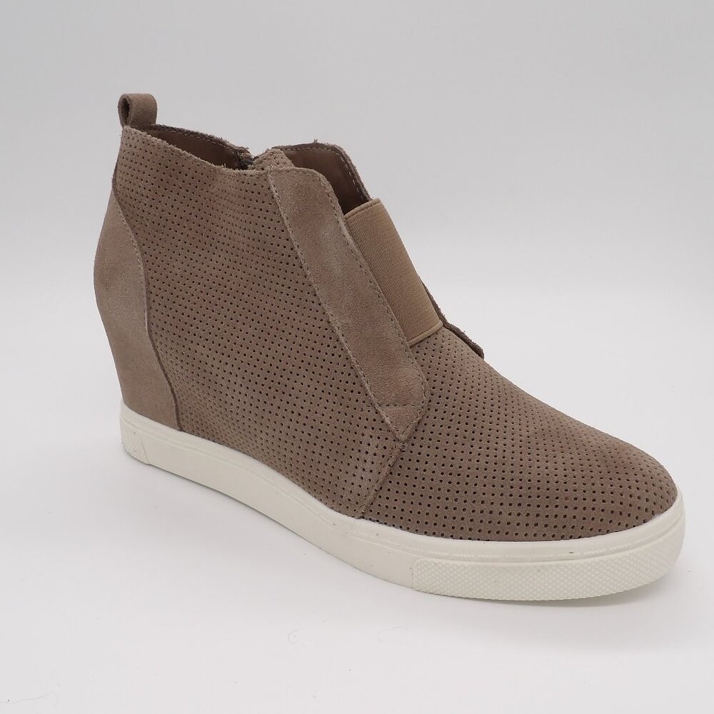 Steve Madden Hidden Wedge Sneaker Side Zipper Taupe Suede